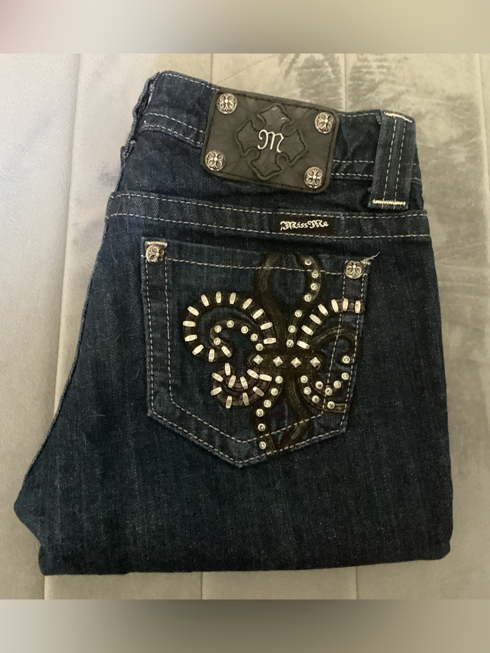Miss Me Dark Blue Bootcut Jeans with Studded Fleur-de-Lis